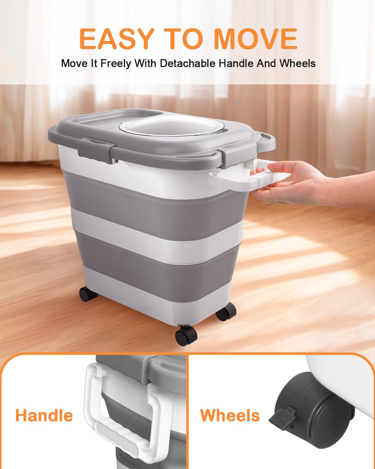 Collapsible Pet food storage Container, 23-25LBS, with Handle and Wheels, Grey