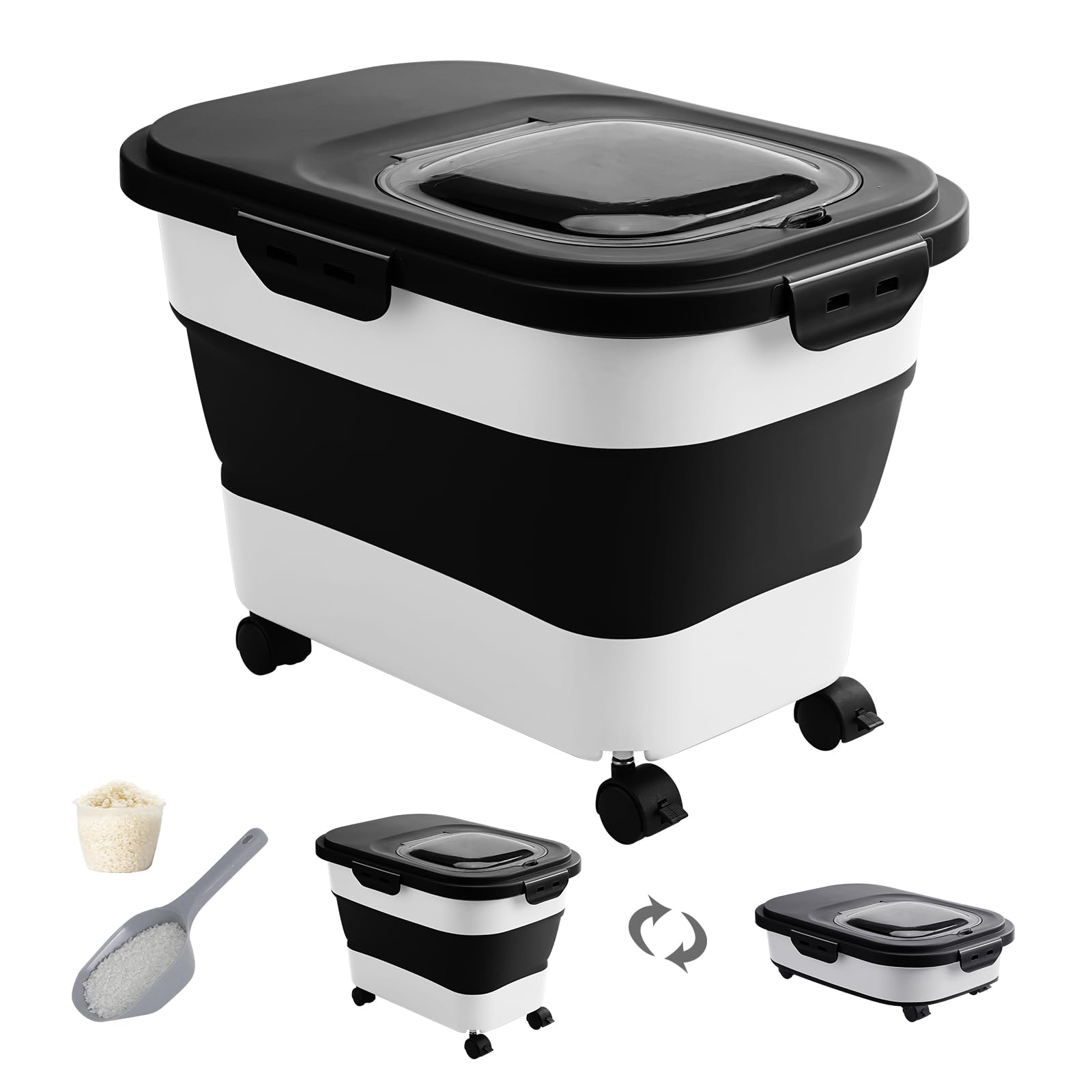 20-30 Lbs Rice Storage Container,Collapsible Food Storage Containers with Rolling Wheel Airtight Locking Lid,Flour Storage Container with Cup and Scoop,Suitable for Food,Rice,Pet Food,Flour