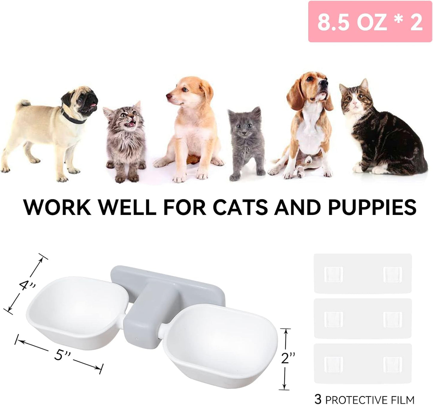 DDMOMMY Elevated Cat Bowls, Wall Mounted Food and Water Dish, Hanging Set, Raised No Spill With 8.5 oz, Anti Vomiting, Pet Feeding Bowls for Cats & Puppies, White