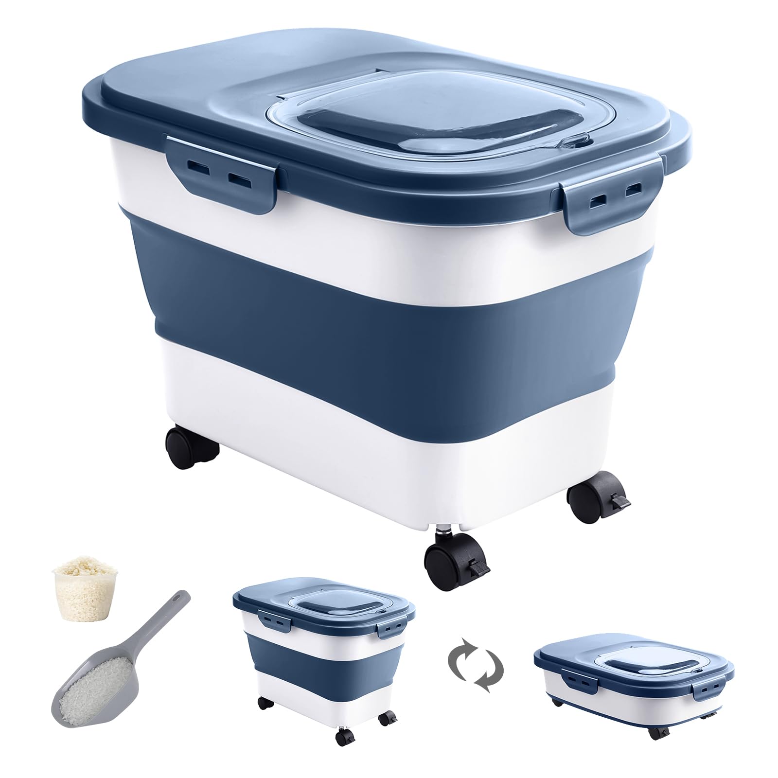 20-30 Lbs Rice Storage Container,Collapsible Food Storage Containers with Rolling Wheel Airtight Locking Lid,Flour Storage Container with Cup and Scoop,Suitable for Food,Rice,Pet Food,Flour