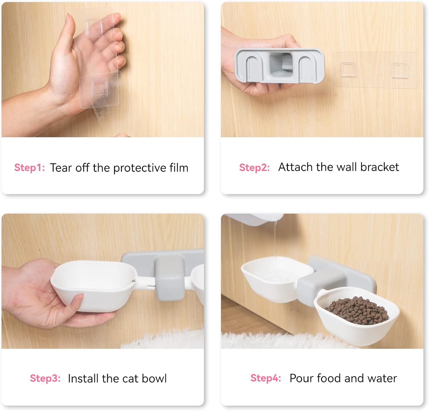 DDMOMMY Elevated Cat Bowls, Wall Mounted Food and Water Dish, Hanging Set, Raised No Spill With 8.5 oz, Anti Vomiting, Pet Feeding Bowls for Cats & Puppies, White