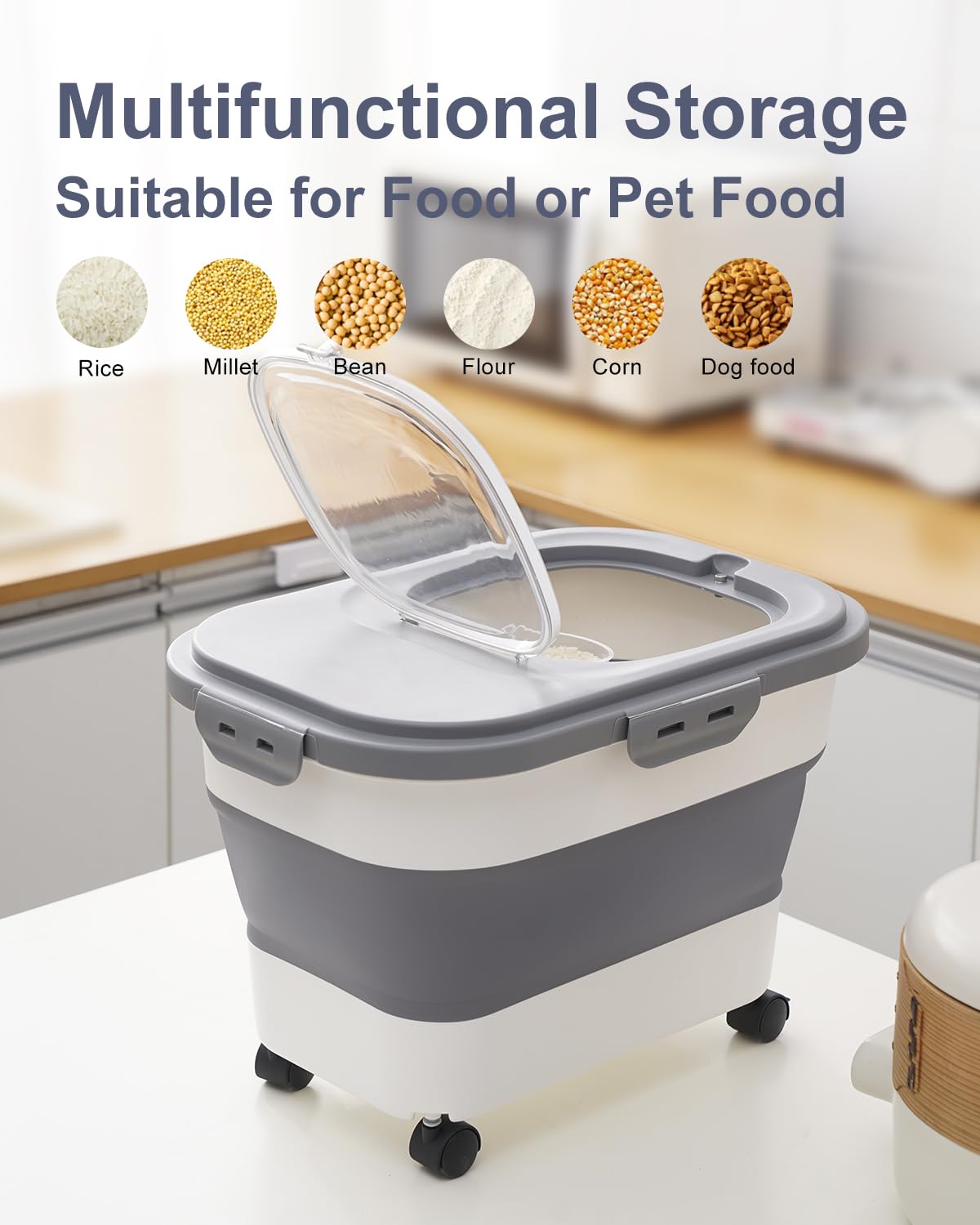 Collapsible Pet food storage Container, 20-23LBS, with Wheels, Grey