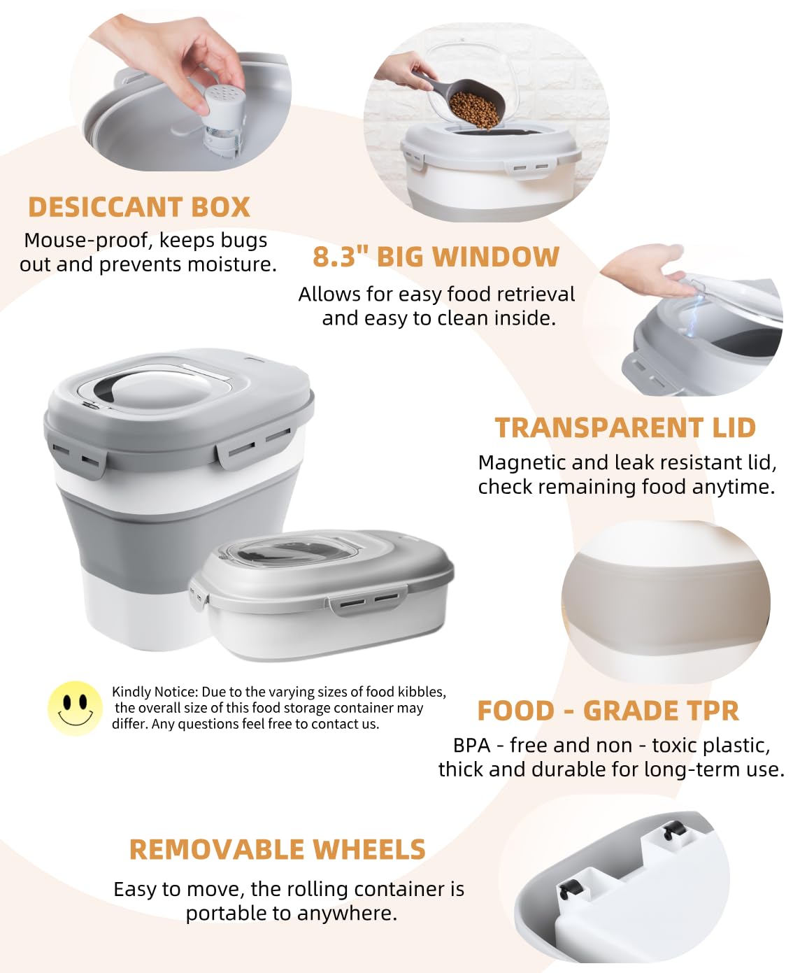 Collapsible Pet food storage Container, 30-32LBS, with Wheels, Grey