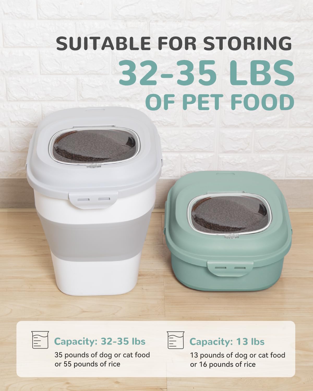 Collapsible Pet food storage Container, 30-32LBS, with Wheels, Green