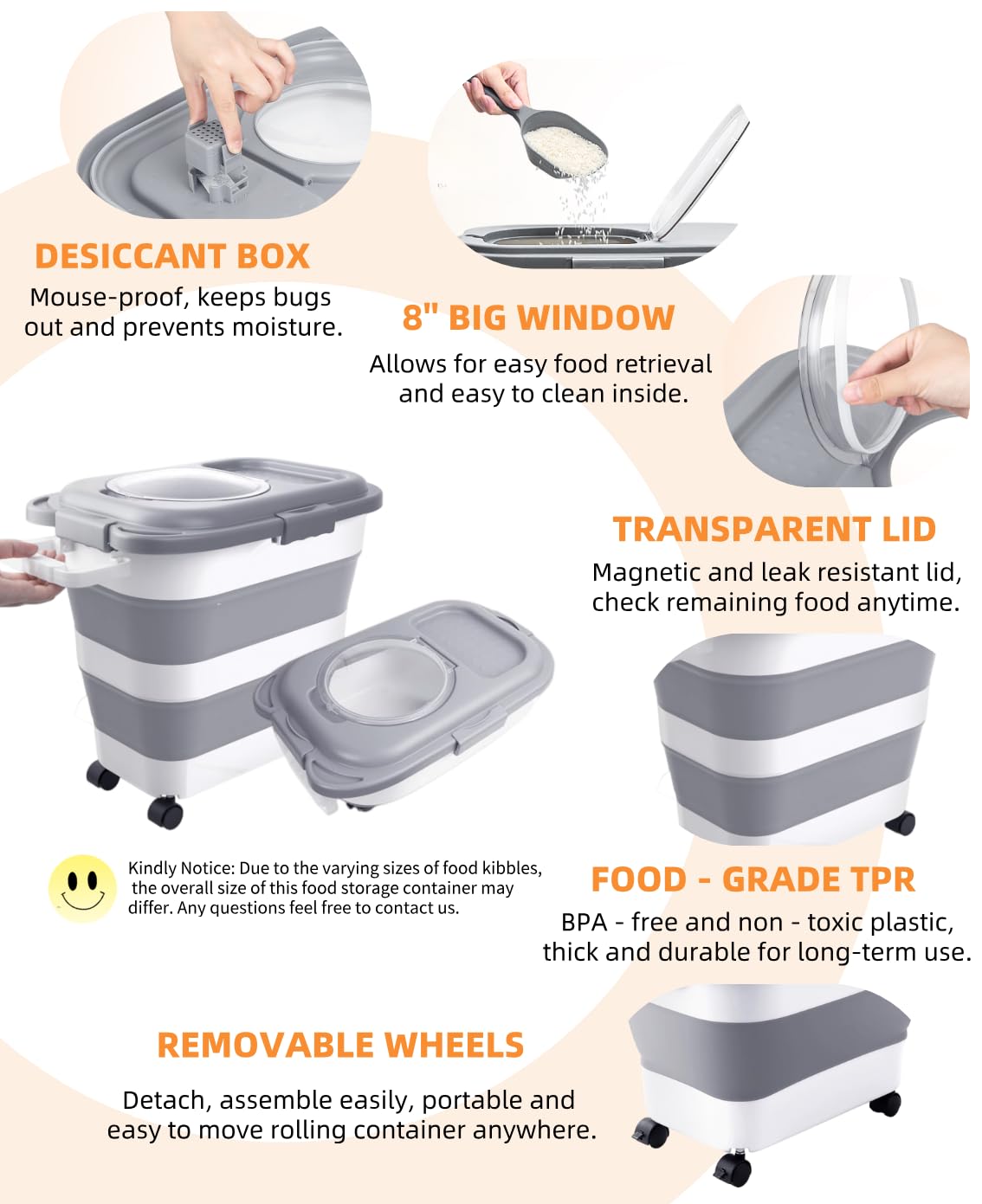 Collapsible Pet food storage Container, 23-25LBS, with Handle and Wheels, Grey