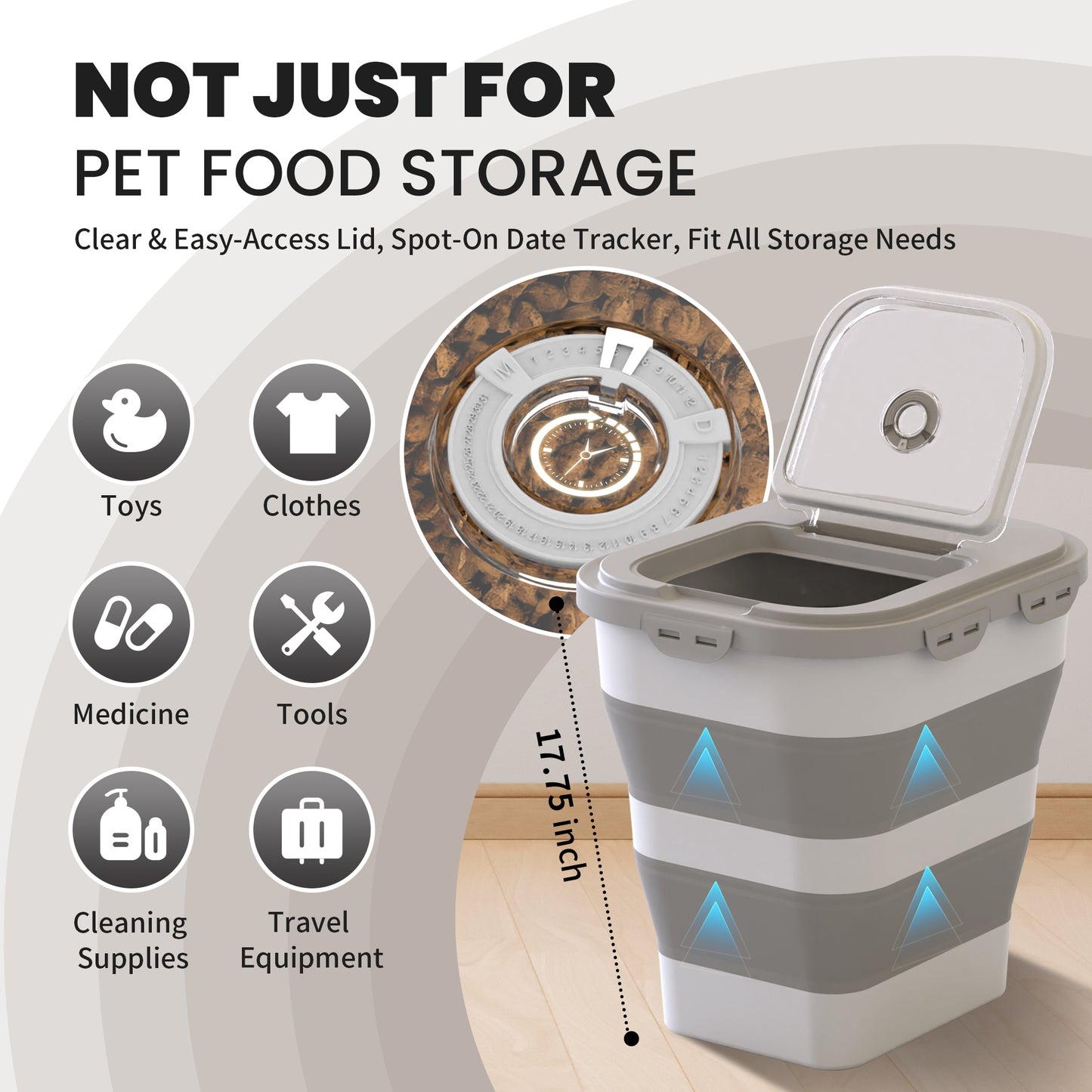 Collapsible Pet food storage Container, 38-42LBS, with Wheels, Grey