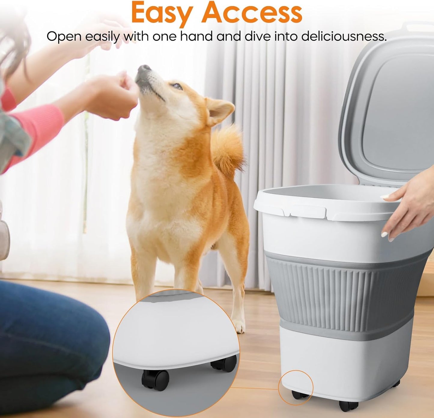 Collapsible Pet food storage Container, 30-32LBS, with Wheels, Grey