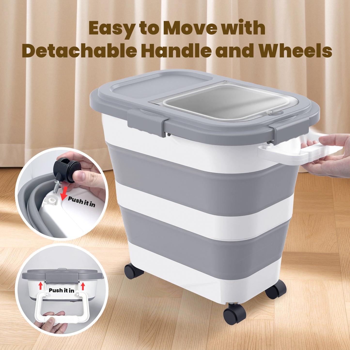 Collapsible Pet food storage Container, 23-25LBS, with Handle and Wheels, Grey