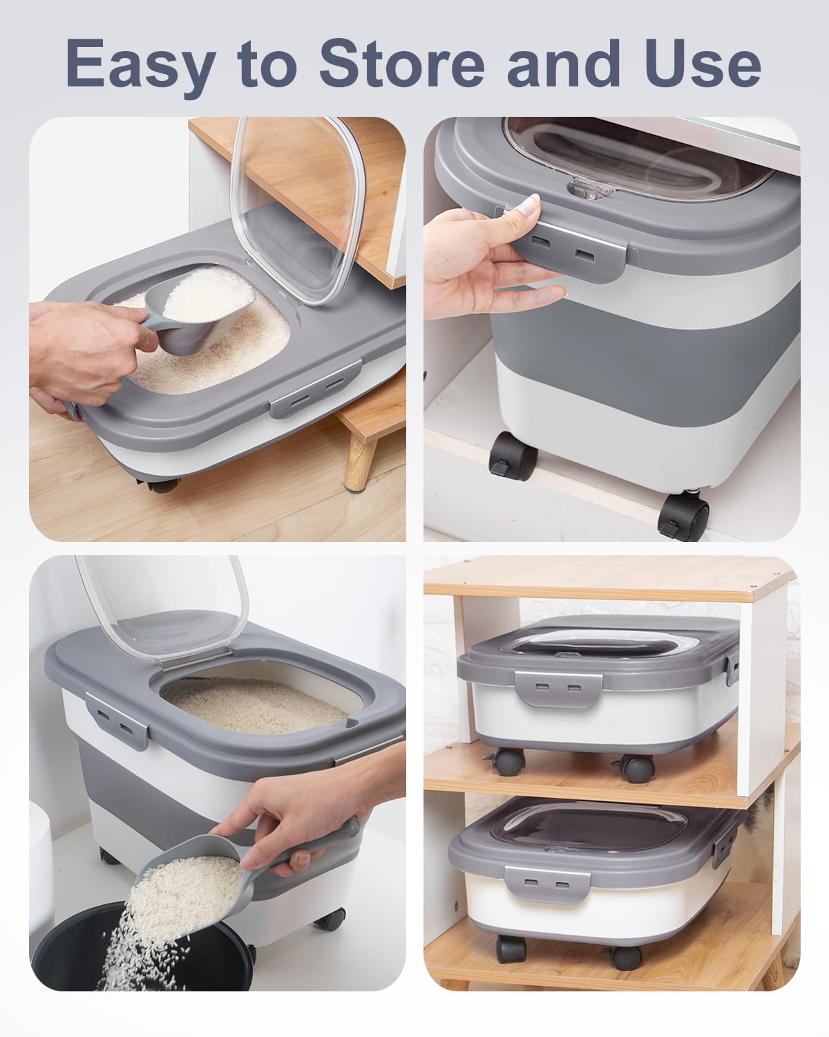 Collapsible Pet food storage Container, 20-23LBS, with Wheels, Grey