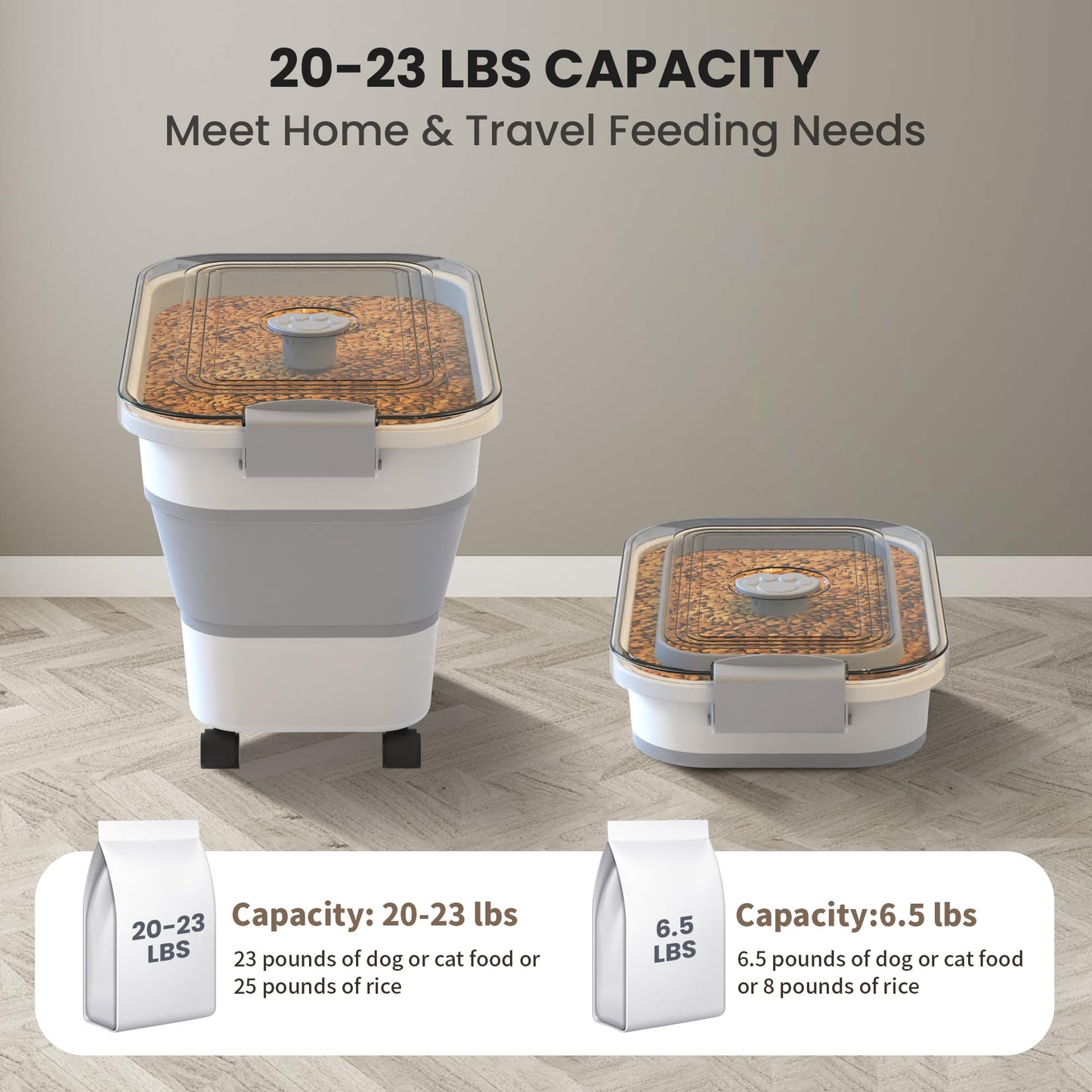 Collapsible Pet food storage Container, 23-25LBS, with Wheels, Grey
