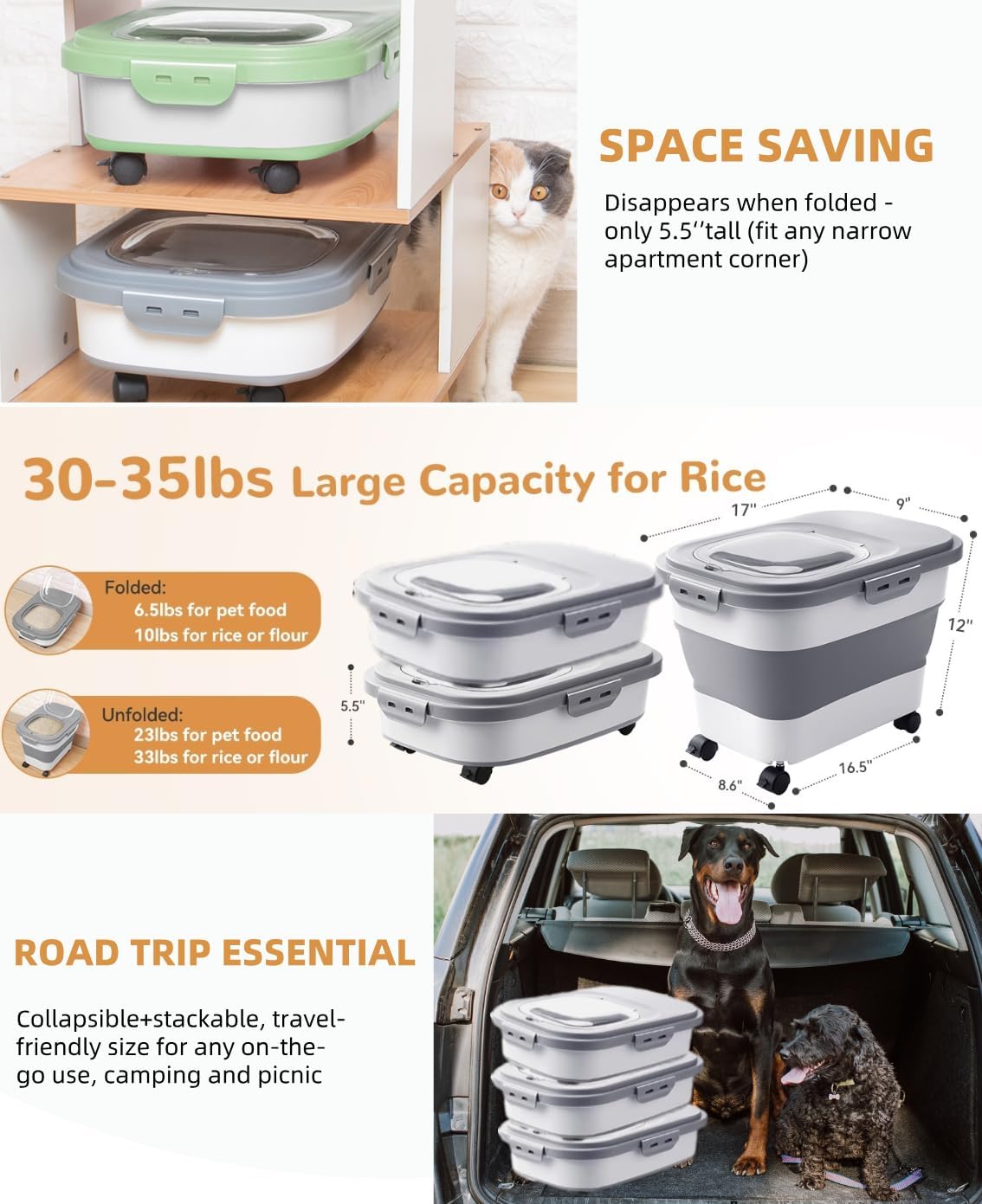 20-23 Lbs Dog Food Storage Container - Collapsible Dog Food Container with Attachable Casters and Scoop,Travel Silicone Bowl, Pet Food Storage Containers to Keep Dry Food Fresh,Easy to Move