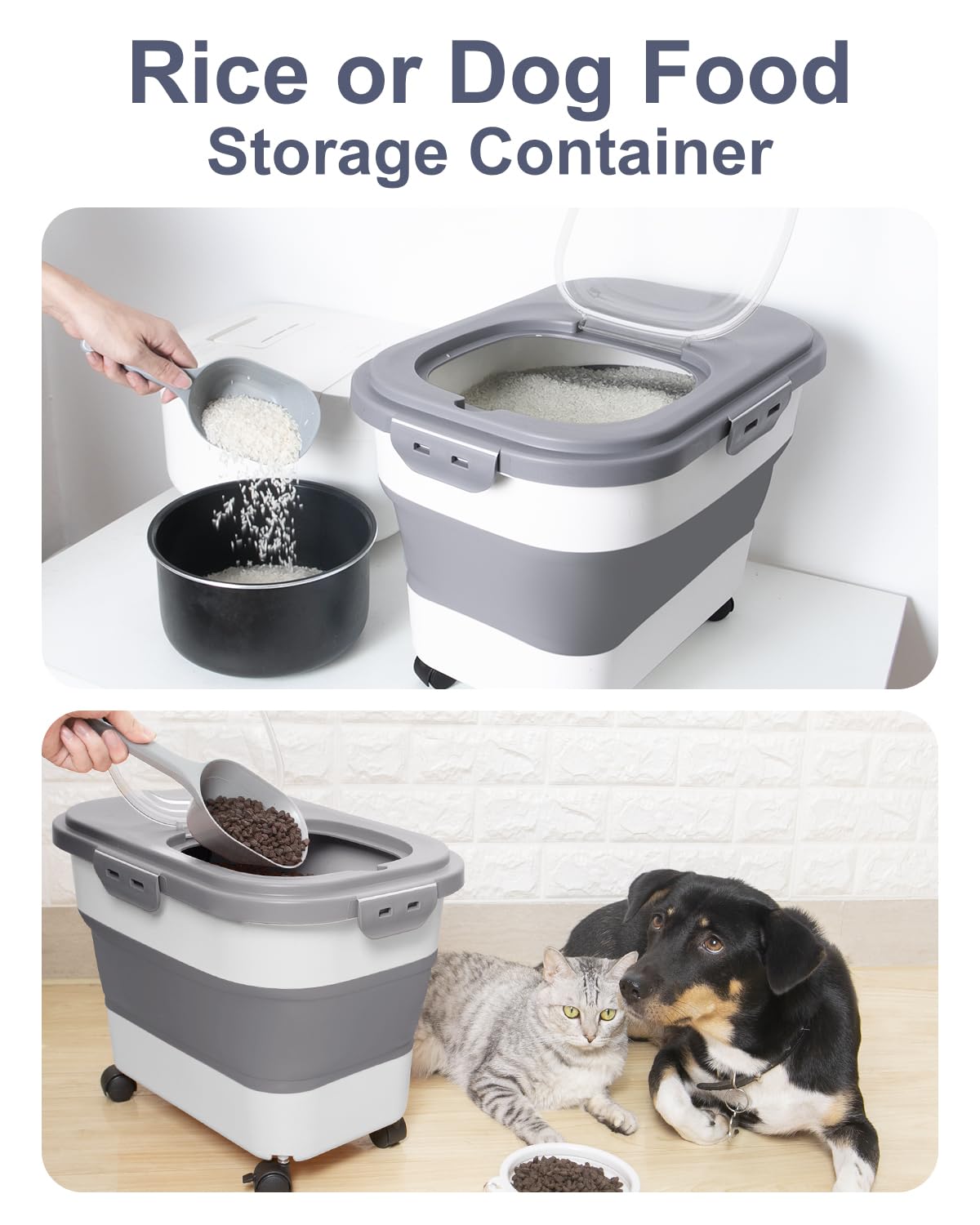Collapsible Pet food storage Container, 20-23LBS, with Wheels, Grey
