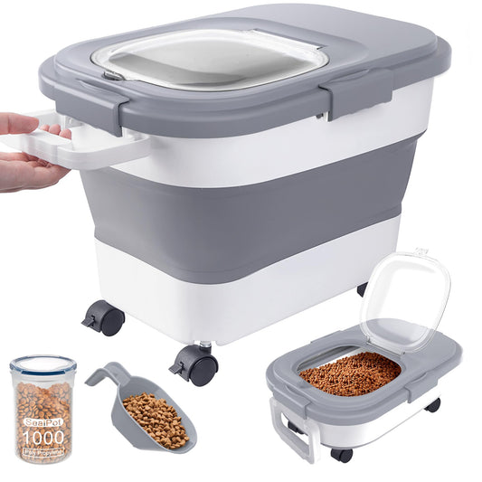 Collapsible Pet food storage Container, 20-23LBS, with Handle and Wheels, Grey
