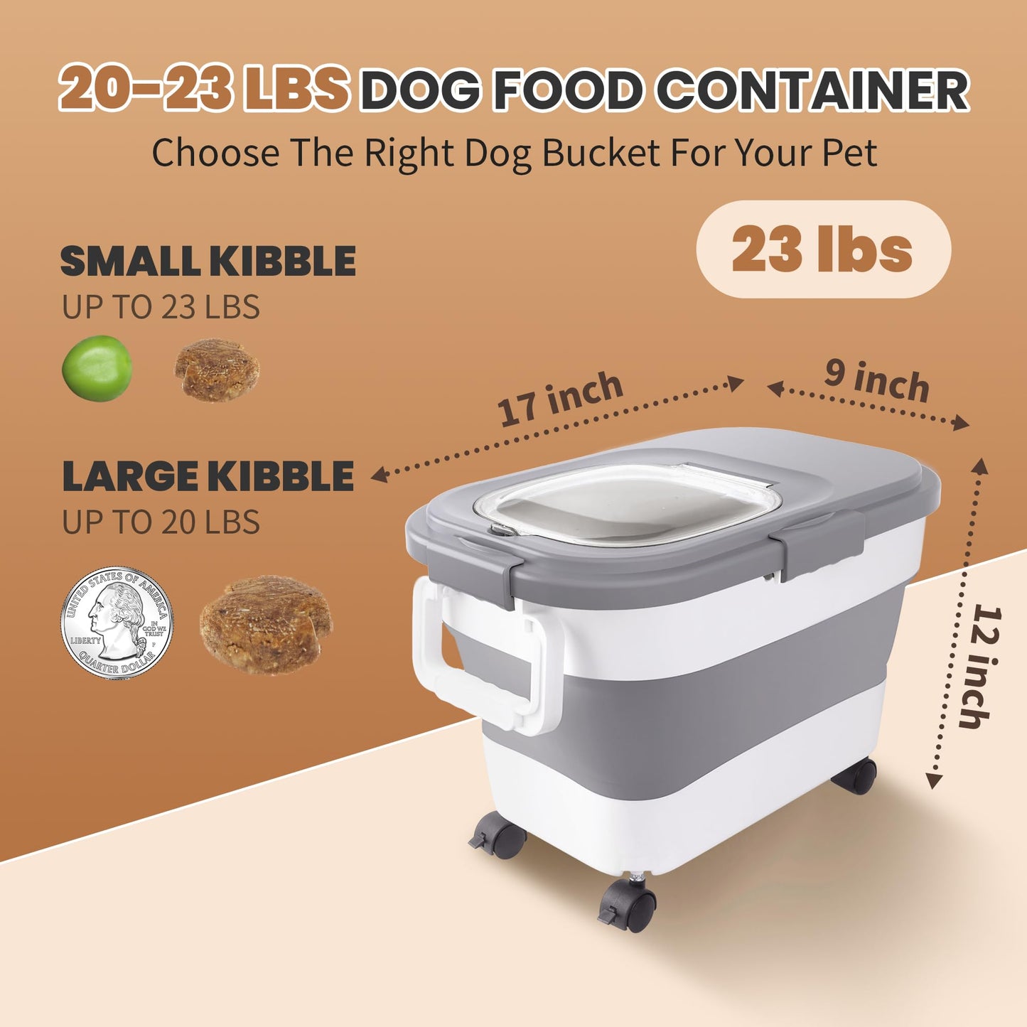 Collapsible Pet food storage Container, 20-23LBS, with Handle and Wheels, Grey