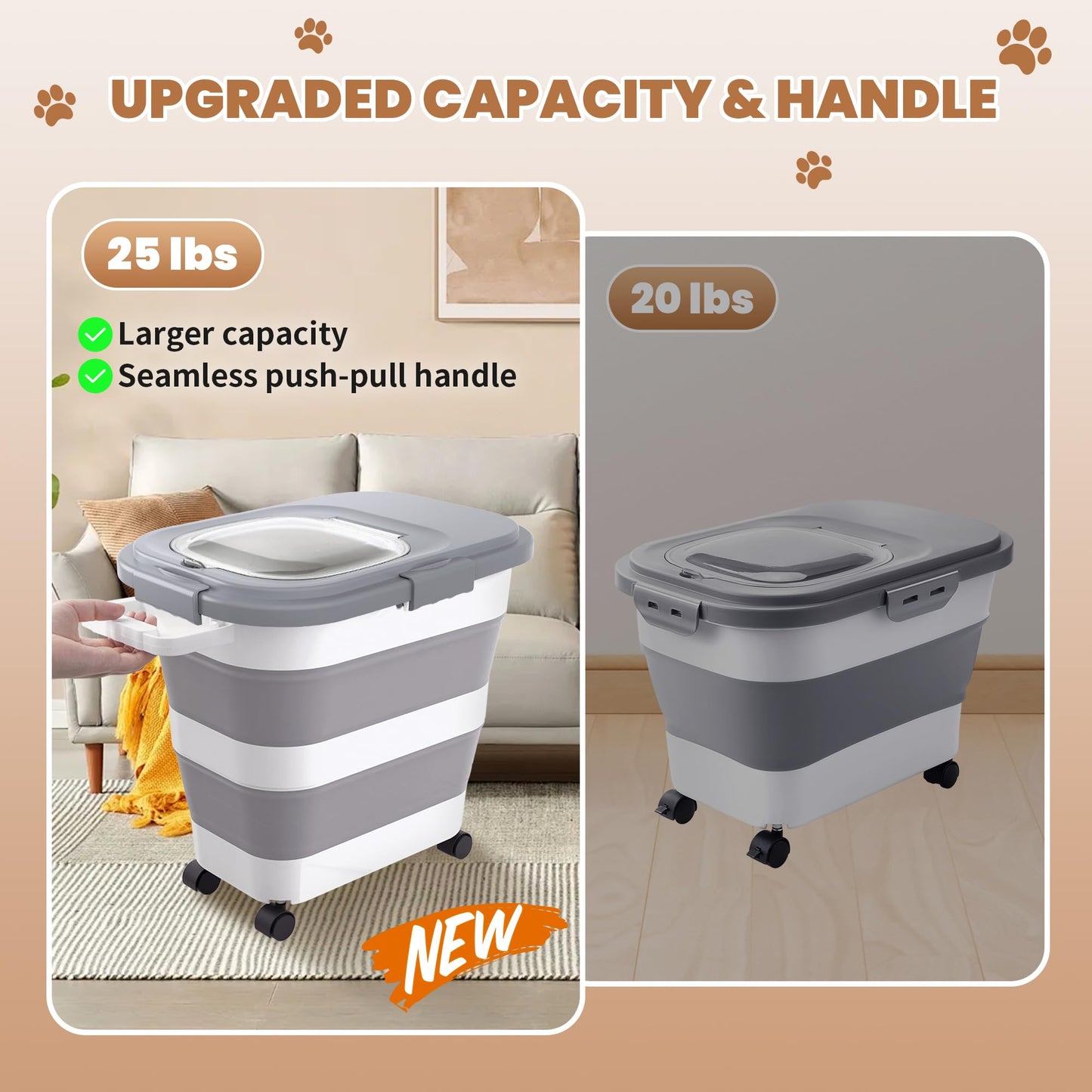 Collapsible Pet food storage Container, 23-25LBS, with Handle and Wheels, Grey
