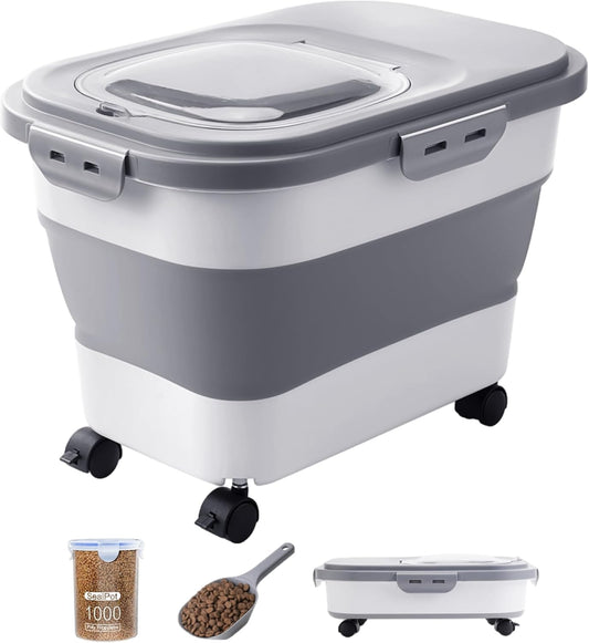 20-23 Lbs Dog Food Storage Container - Collapsible Dog Food Container with Attachable Casters and Scoop,Travel Silicone Bowl, Pet Food Storage Containers to Keep Dry Food Fresh,Easy to Move