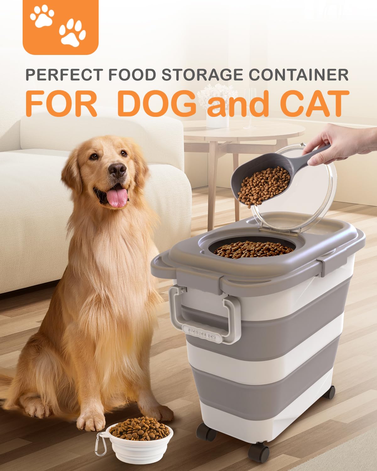 Collapsible Pet food storage Container, 23-25LBS, with Handle and Wheels, Grey