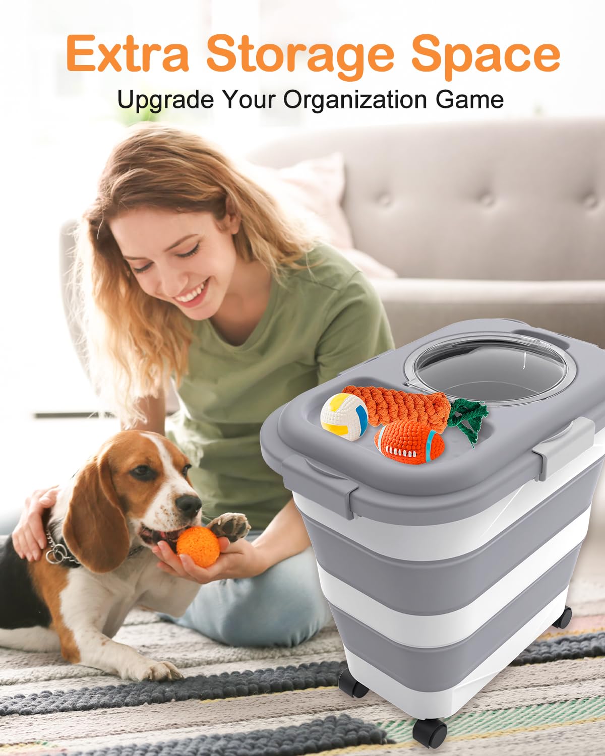 Collapsible Pet food storage Container, 23-25LBS, with Handle and Wheels, Grey
