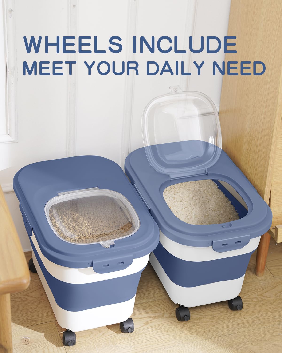 Collapsible Pet food storage Container, 20-23LBS, with Wheels, Blue