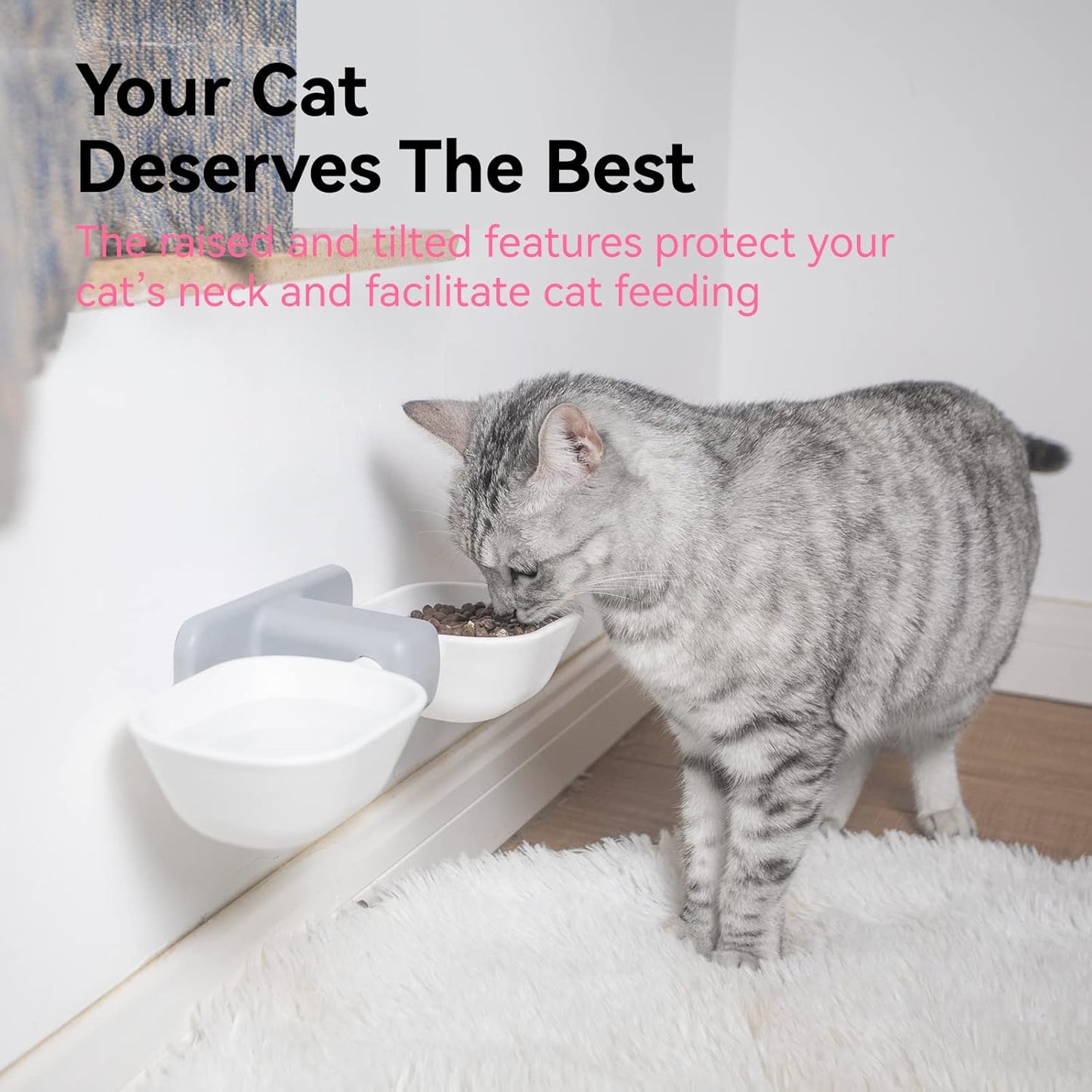 DDMOMMY Elevated Cat Bowls, Wall Mounted Food and Water Dish, Hanging Set, Raised No Spill With 8.5 oz, Anti Vomiting, Pet Feeding Bowls for Cats & Puppies, White