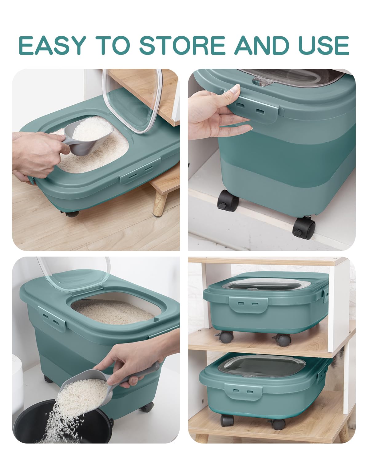 Collapsible Pet food storage Container, 20-23LBS, with Wheels, Green