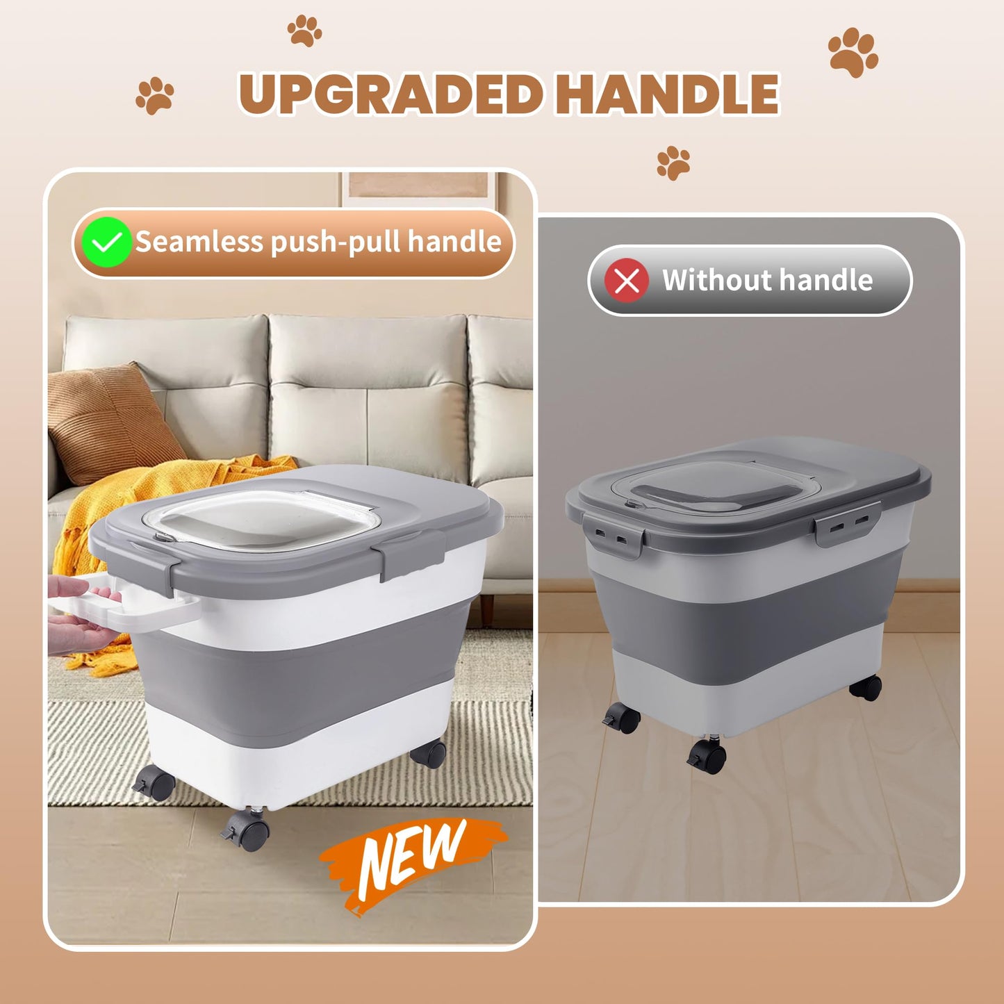 Collapsible Pet food storage Container, 20-23LBS, with Handle and Wheels, Grey