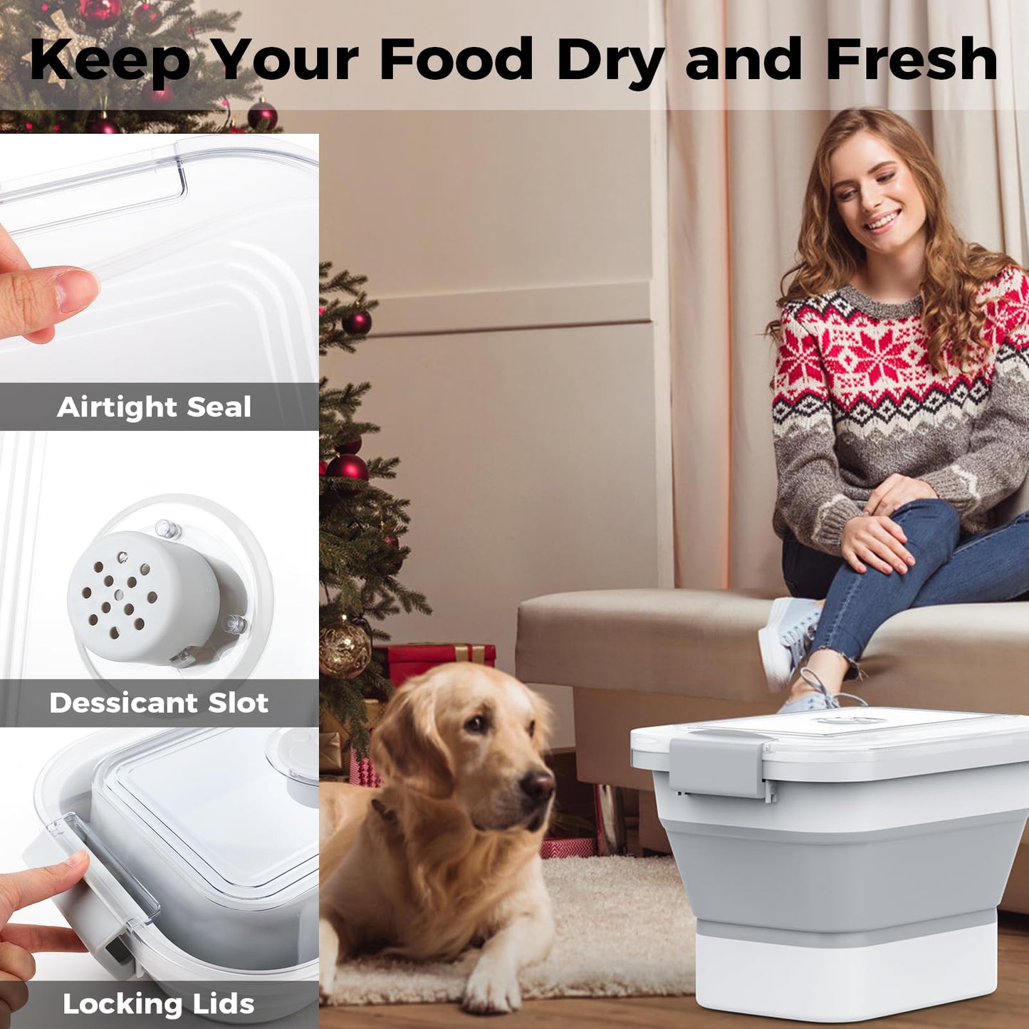 Collapsible Pet food storage Container, 23-25LBS, with Wheels, Grey