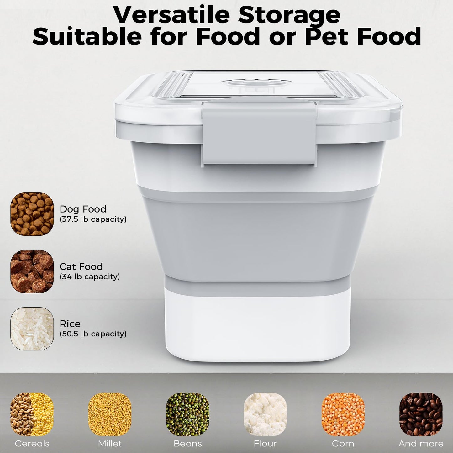 Collapsible Pet food storage Container, 10-13LBS, with Wheels, Grey