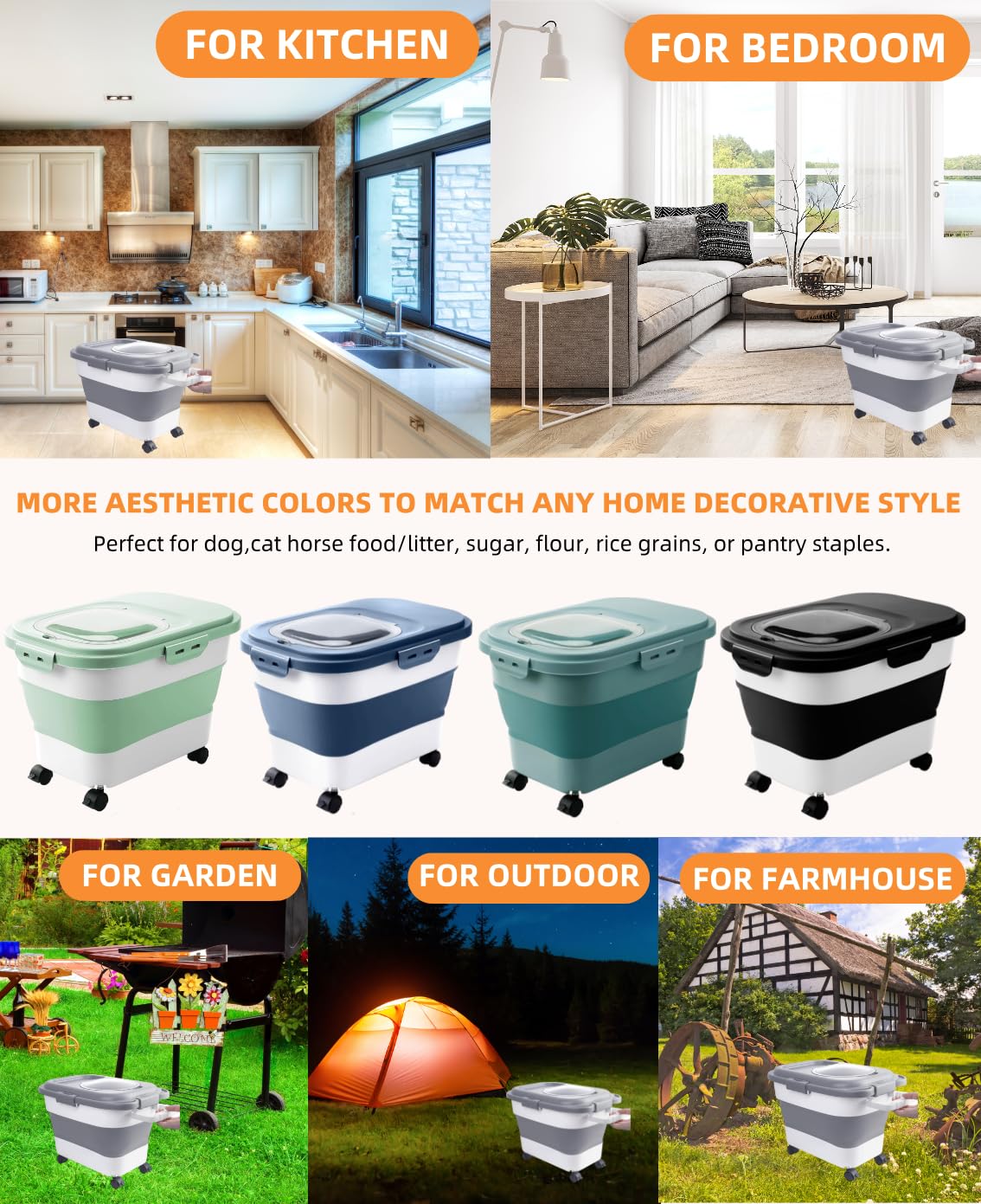 Collapsible Pet food storage Container, 20-23LBS, with Handle and Wheels, Grey