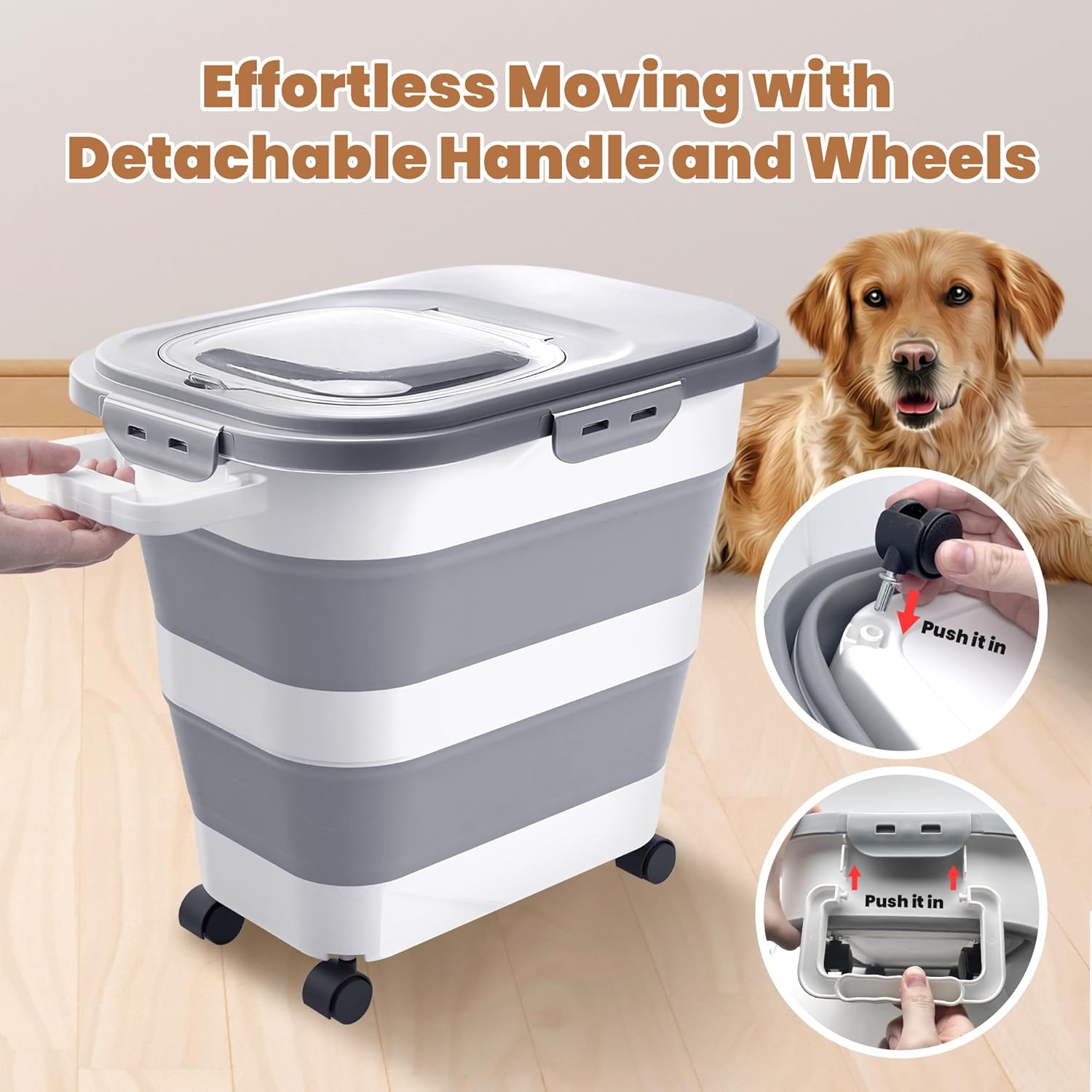 23-25 Lbs Airtight Dog Food Storage Container,Collapsible Dog Food Container with Lid,Wheels,Handle,Large Pet food storage Container with Scoop,Small Food Container for Dog Cat