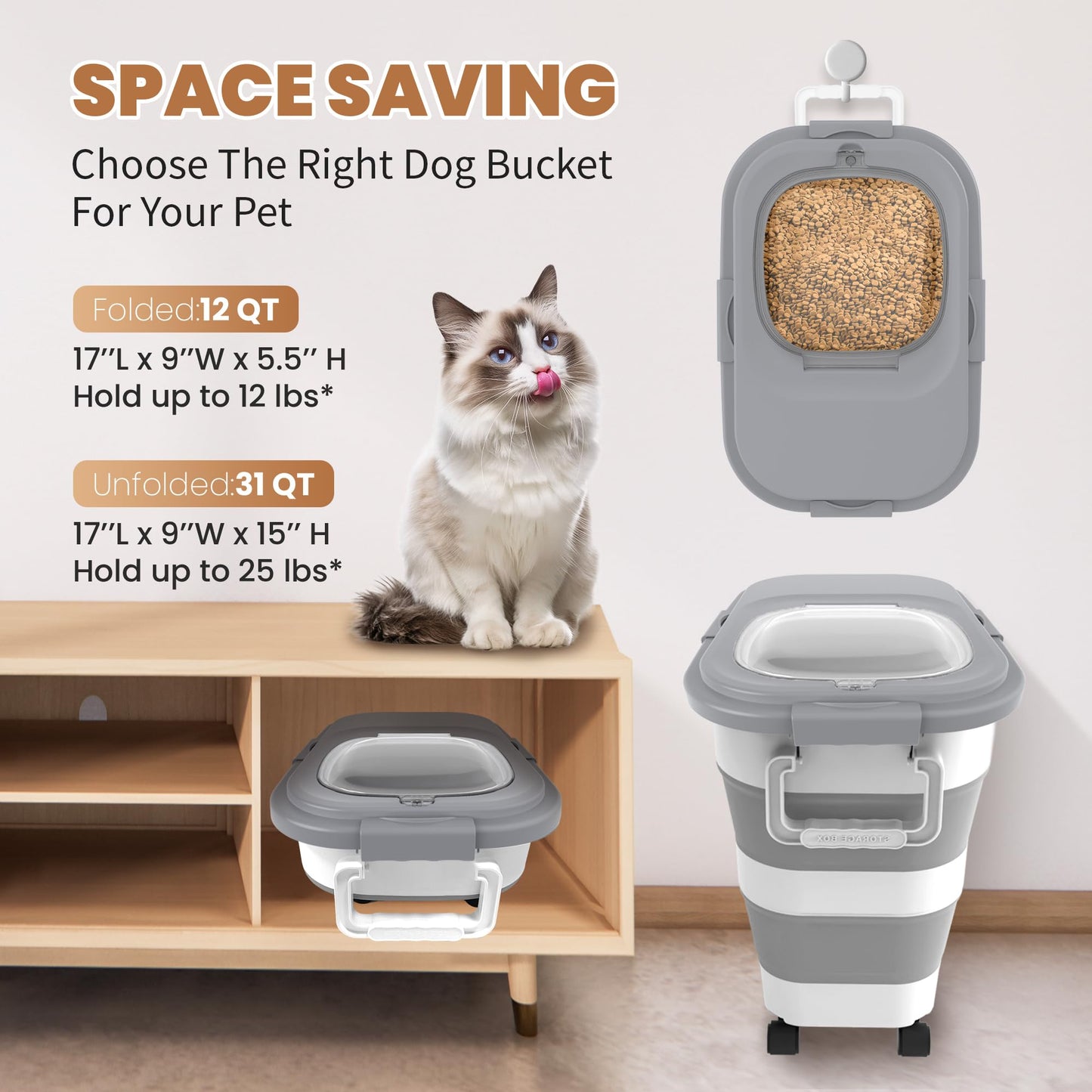 Collapsible Pet food storage Container, 23-25LBS, with Handle and Wheels, Grey