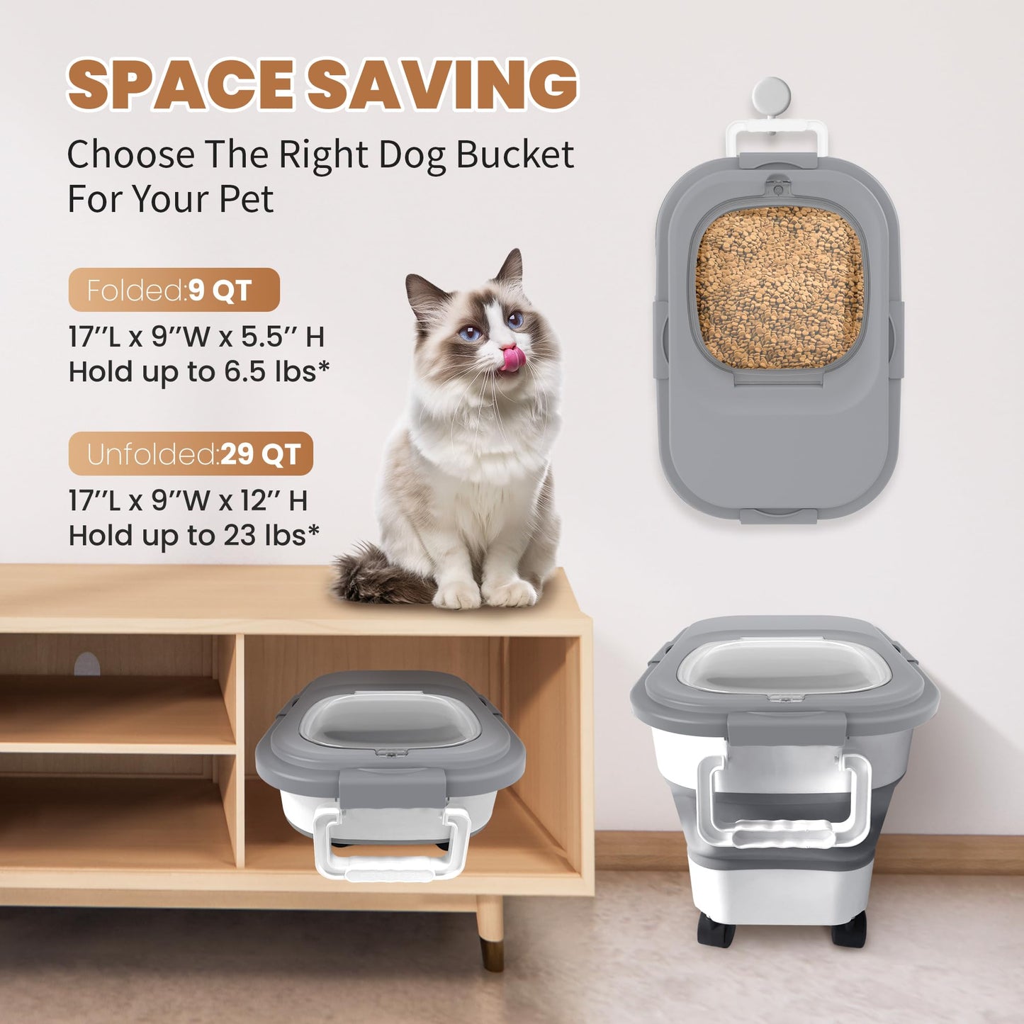 Collapsible Pet food storage Container, 20-23LBS, with Handle and Wheels, Grey