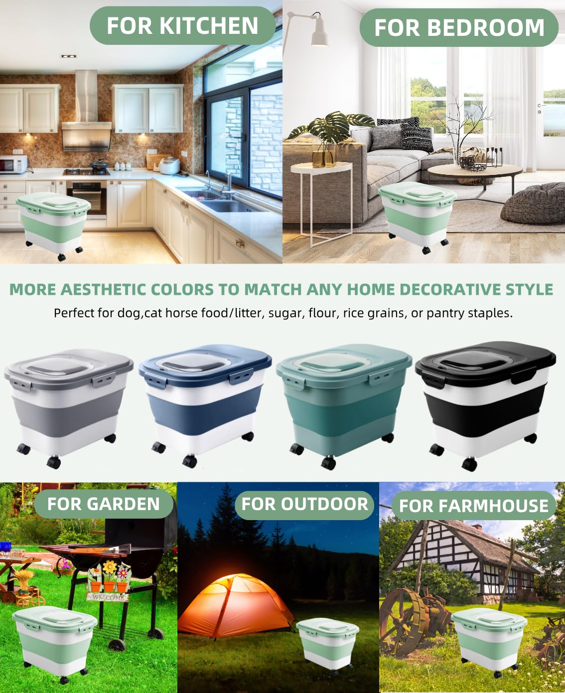 Collapsible Pet food storage Container, 20-23LBS, with Wheels, Green