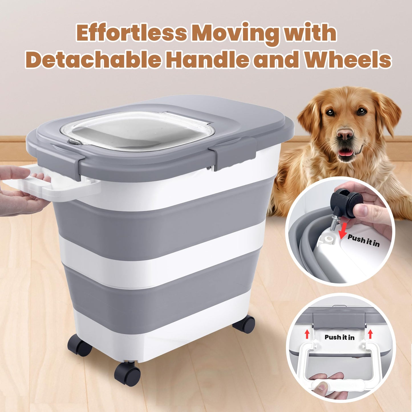 Collapsible Pet food storage Container, 23-25LBS, with Handle and Wheels, Grey