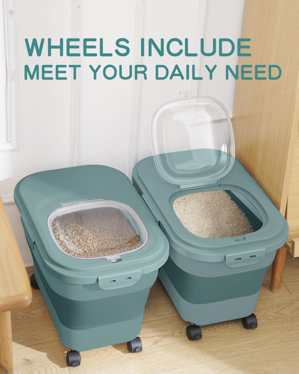 Collapsible Pet food storage Container, 20-23LBS, with Wheels, Green