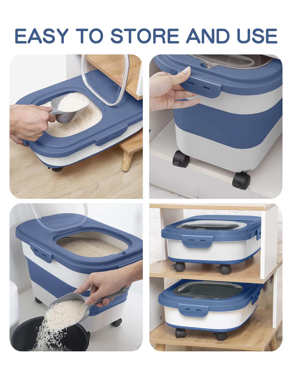 Collapsible Pet food storage Container, 20-23LBS, with Wheels, Blue