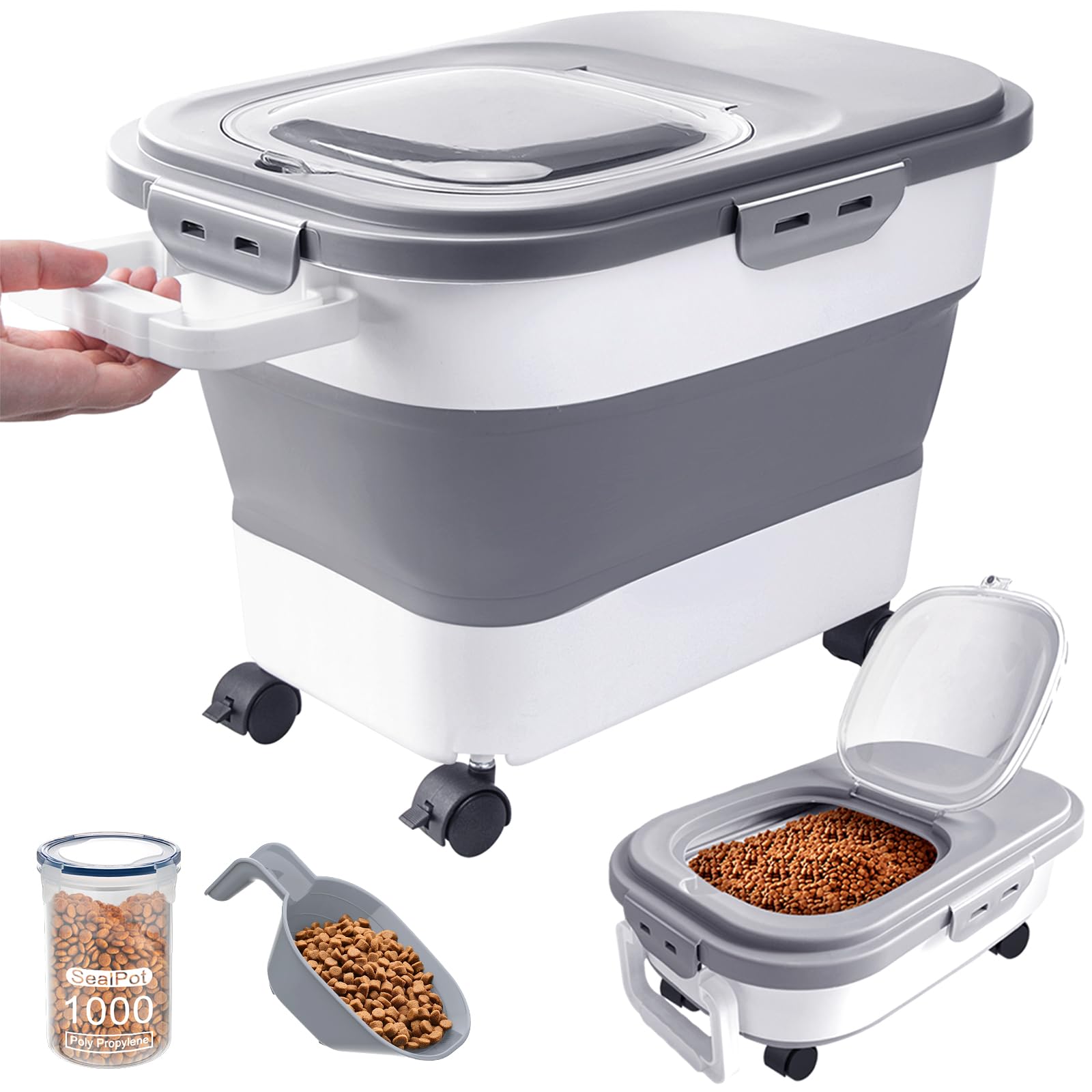 23-25 Lbs Airtight Dog Food Storage Container,Collapsible Dog Food Container with Lid,Wheels,Handle,Large Pet food storage Container with Scoop,Small Food Container for Dog Cat