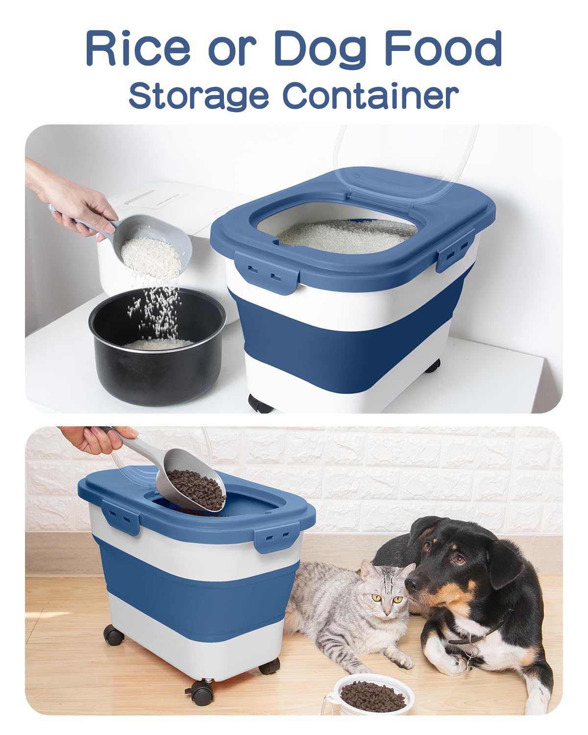 Collapsible Pet food storage Container, 20-23LBS, with Wheels, Blue