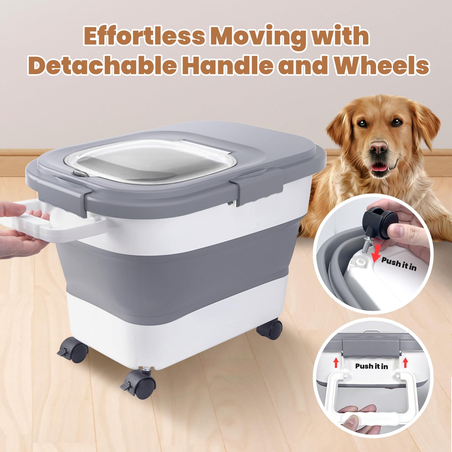 Collapsible Pet food storage Container, 20-23LBS, with Handle and Wheels, Grey