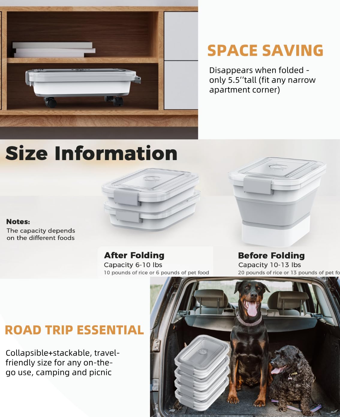 Collapsible Pet food storage Container, 10-13LBS, with Wheels, Grey