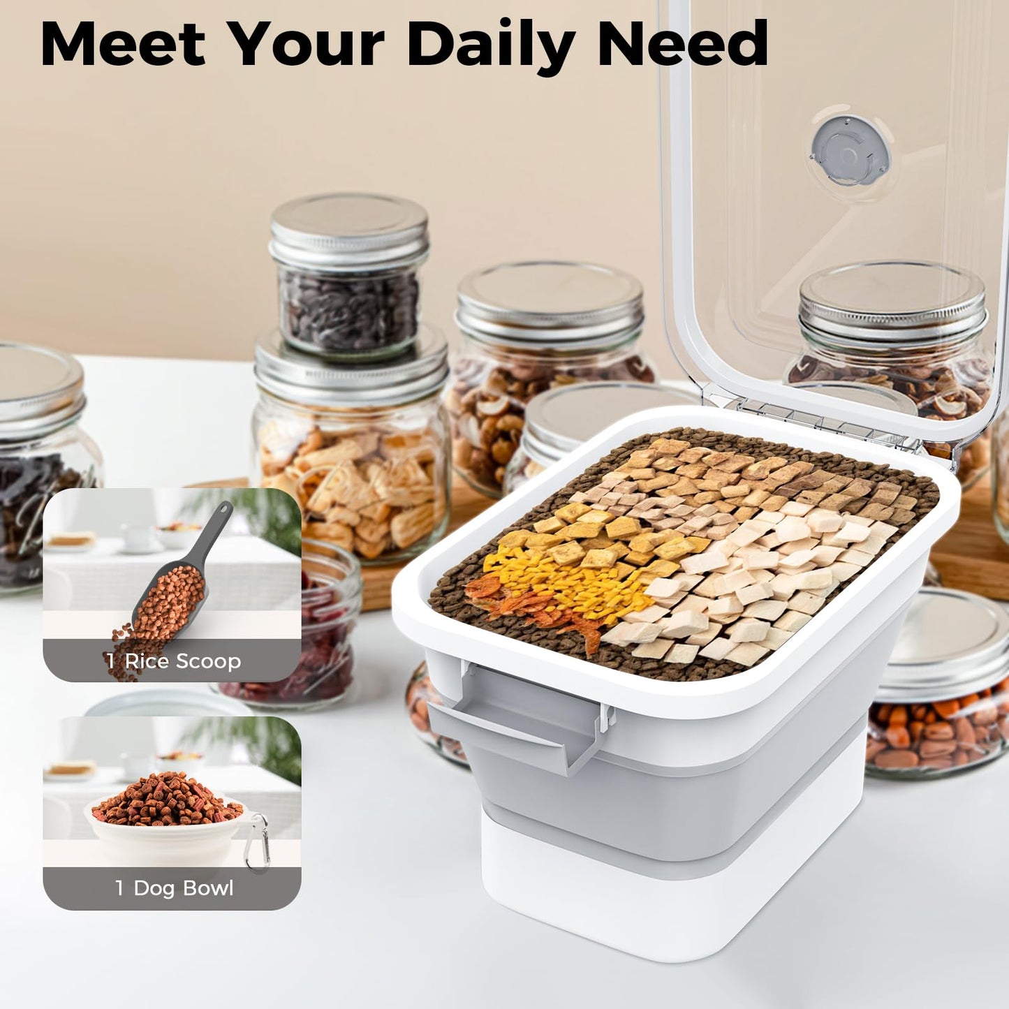 Collapsible Pet food storage Container, 10-13LBS, with Wheels, Grey