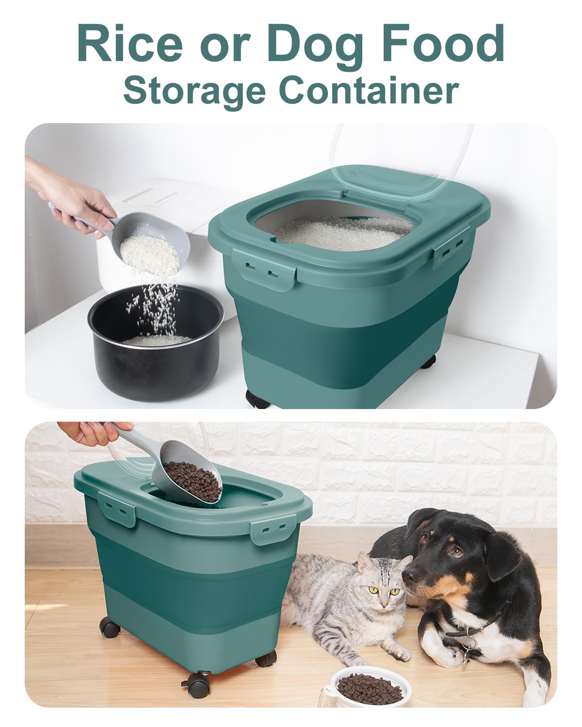 Collapsible Pet food storage Container, 20-23LBS, with Wheels, Green