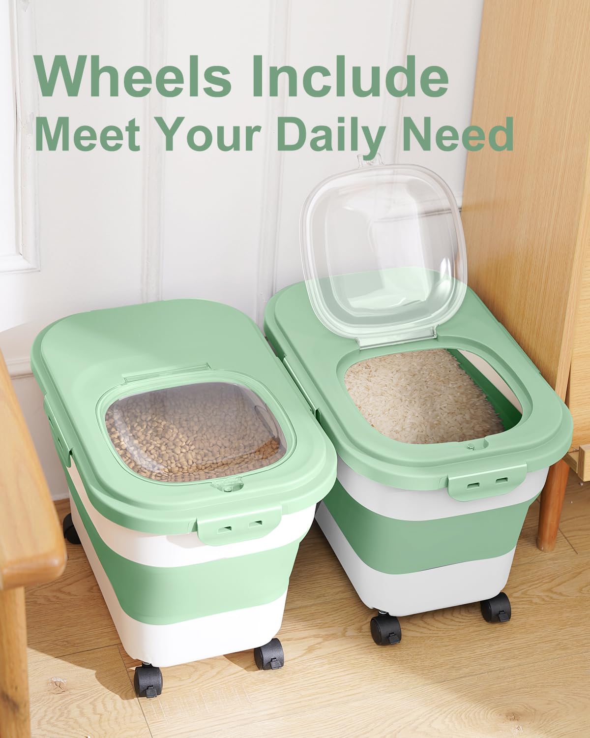 Collapsible Pet food storage Container, 20-23LBS, with Wheels, Green