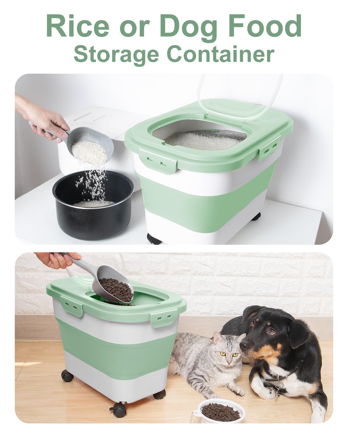 Collapsible Pet food storage Container, 20-23LBS, with Wheels, Green