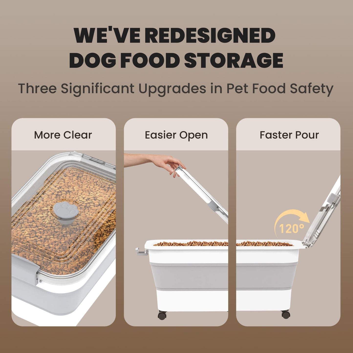 Collapsible Pet food storage Container, 23-25LBS, with Wheels, Grey