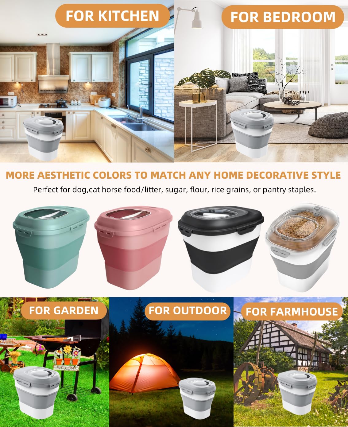 Collapsible Pet food storage Container, 30-32LBS, with Wheels, Grey