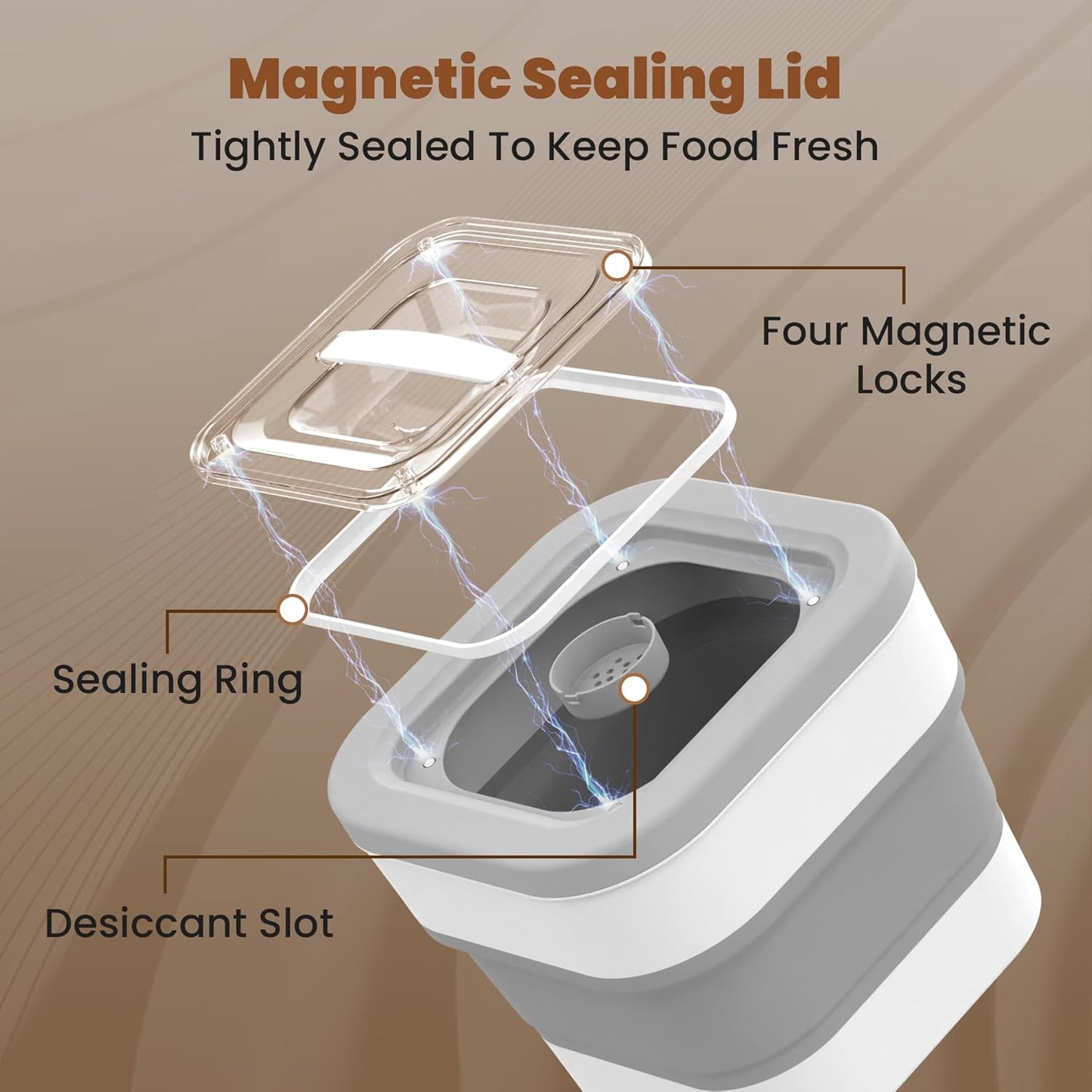 Collapsible Pet food storage Container, 10-13LBS, with Handle, Grey