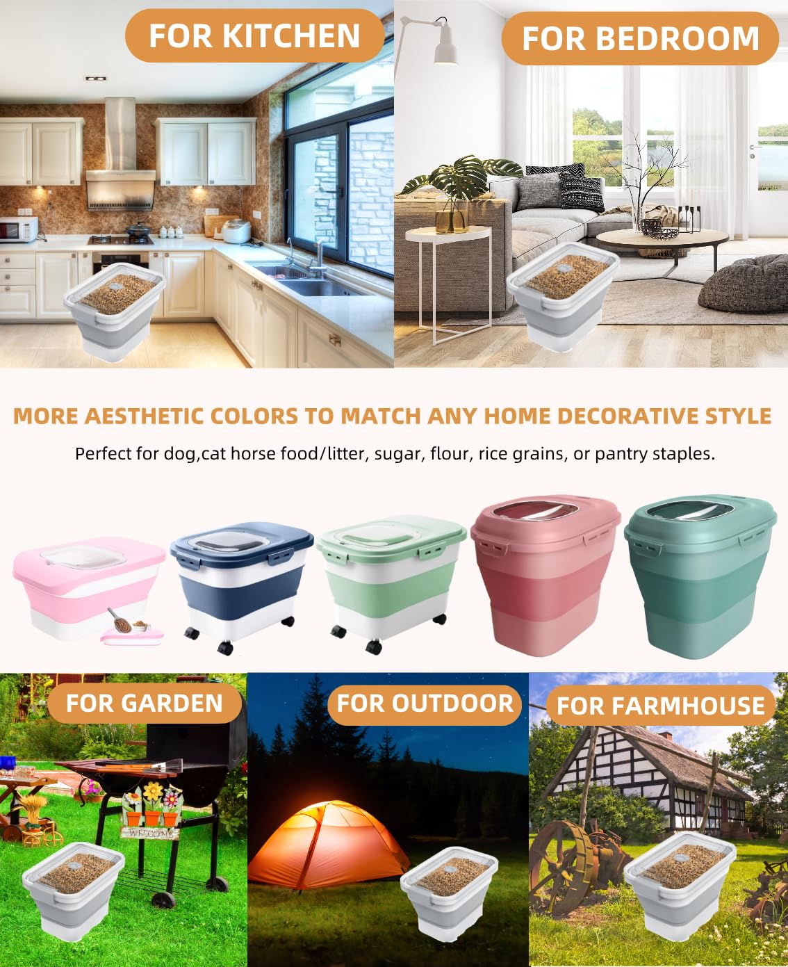 Collapsible Pet food storage Container, 23-25LBS, with Wheels, Grey