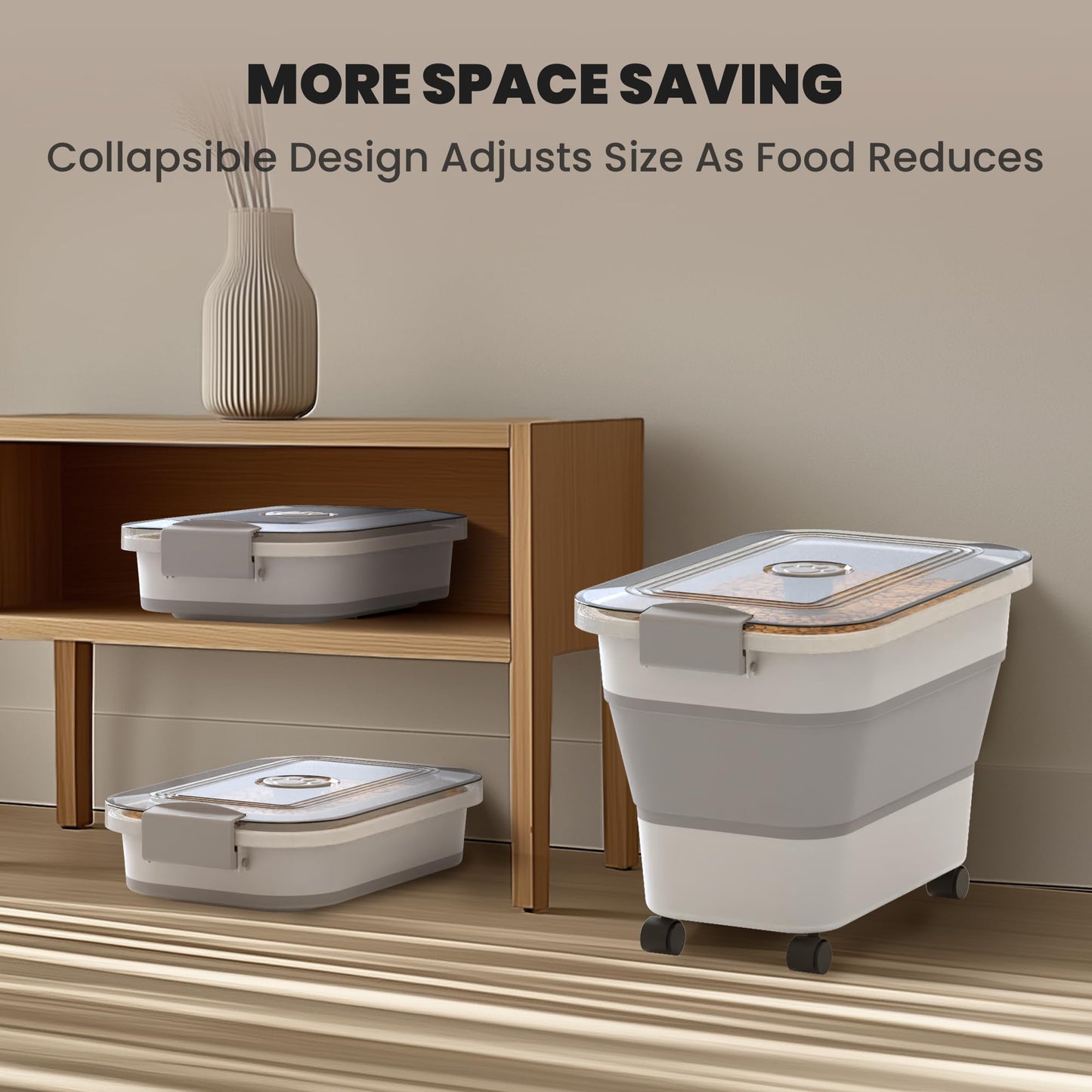 Collapsible Pet food storage Container, 23-25LBS, with Wheels, Grey