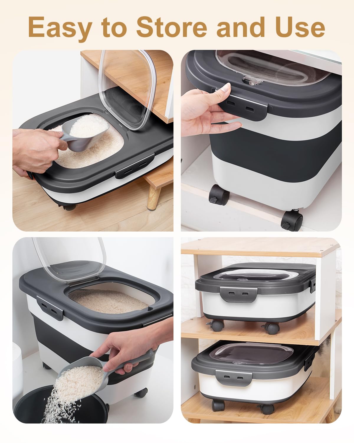 Collapsible Pet food storage Container, 20-23LBS, with Wheels, Black